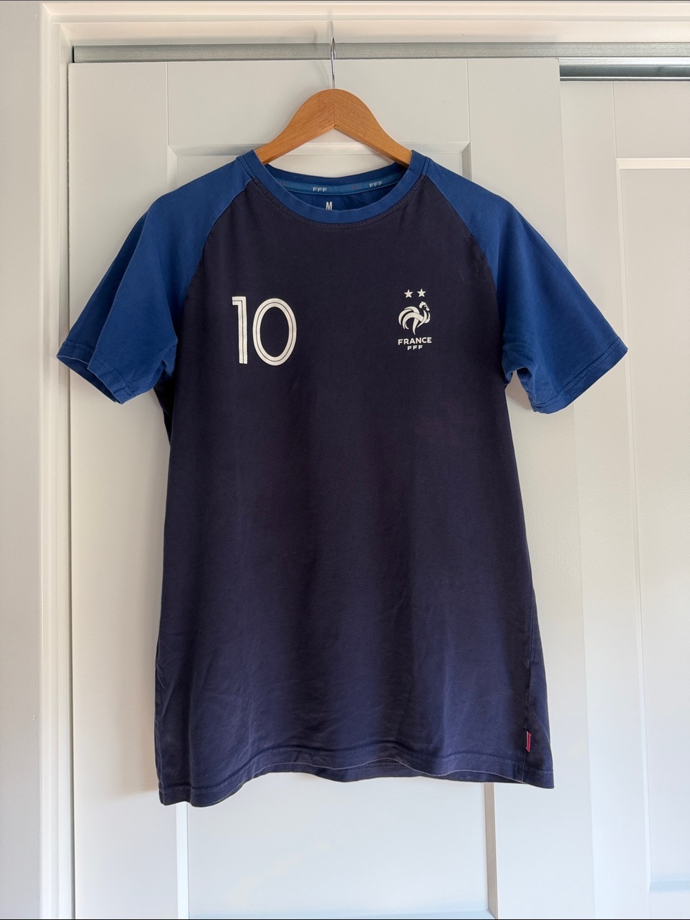 Mbappe Jersey France Football Number 10 Two-Tone Navy & Royal Blue Tee (size M)